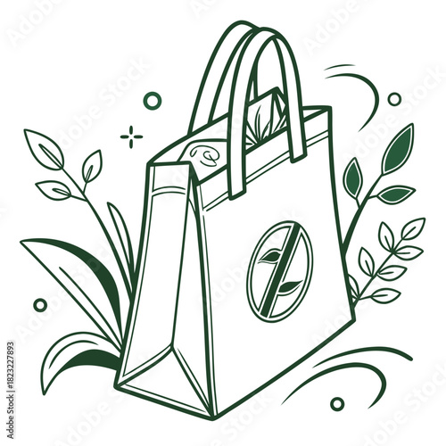 Stylized line art illustration of a reusable shopping bag with a leaf symbol and surrounding foliage representing eco friendly shopping habits