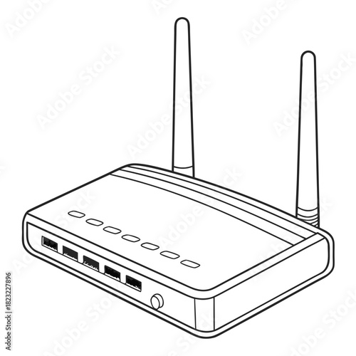 A clean line art illustration of a modern wireless router with two antennas and multiple ethernet ports isolated on a white background