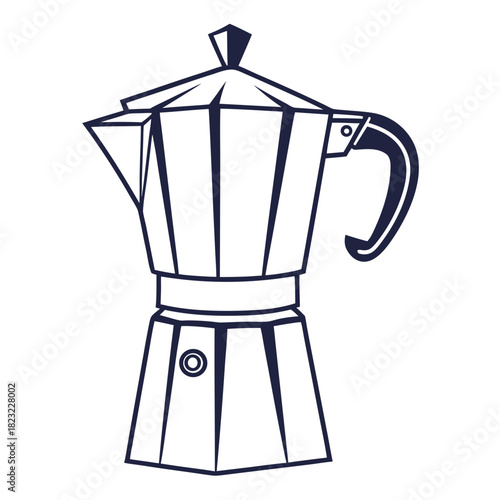 A simple dark blue outline illustration of a classic italian moka pot coffee maker on a white background