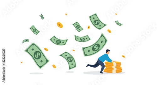 A man eagerly gathers stacks of golden coins while dollar bills and loose coins fall from above, symbolizing financial success and opportunity.