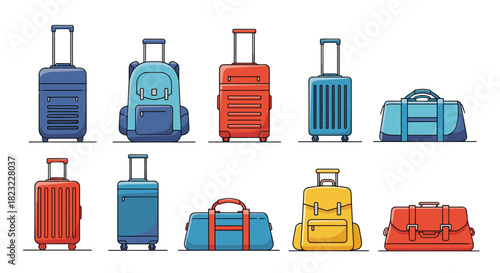 A diverse collection of colorful travel luggage, including hardshell suitcases, backpacks, and duffel bags, ready for any vacation or journey.