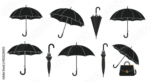 A diverse collection of black umbrellas displayed in various open and closed positions, alongside a sleek black briefcase, against a pure white background.