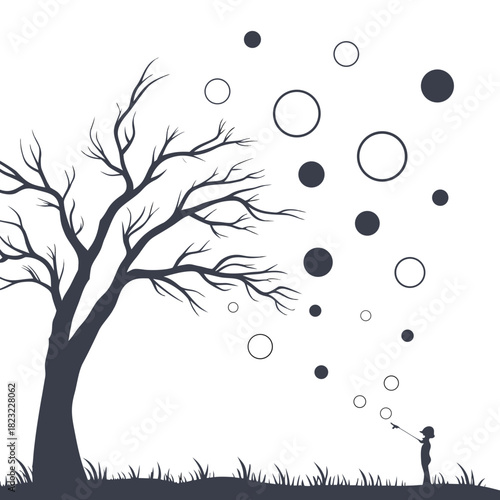 Silhouette of a child blowing bubbles near a bare tree on a grassy field with a white background and scattered dark and light circles