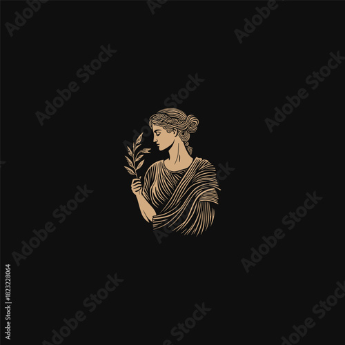 Elegant vintage engraving style illustration of a classical Greek or Roman woman olding an olive branch