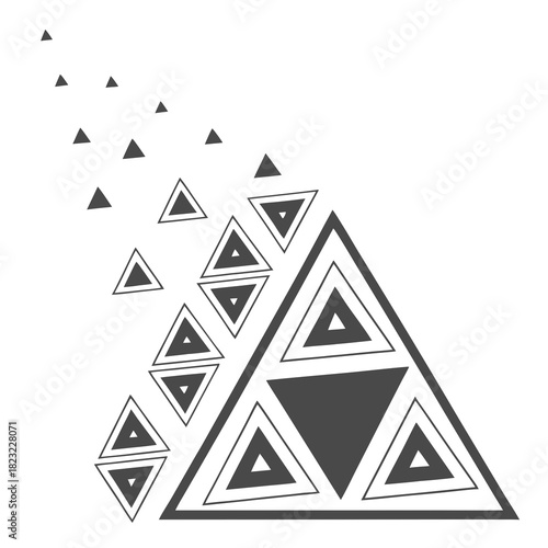 Abstract geometric pattern featuring a cascade of dark gray triangles of varying sizes and outlines against a clean white background