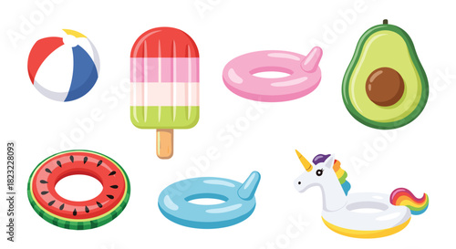 Vibrant collection of summer and pool essentials, including diverse inflatables, a classic beach ball, a refreshing popsicle, and a halved avocado.