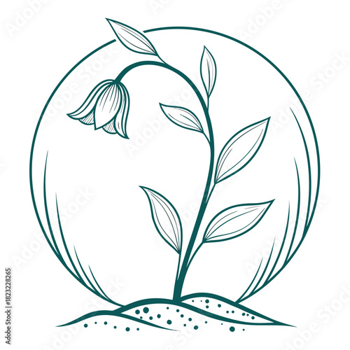 Elegant single line art drawing of a delicate bell flower blooming within a circular frame representing growth and nature