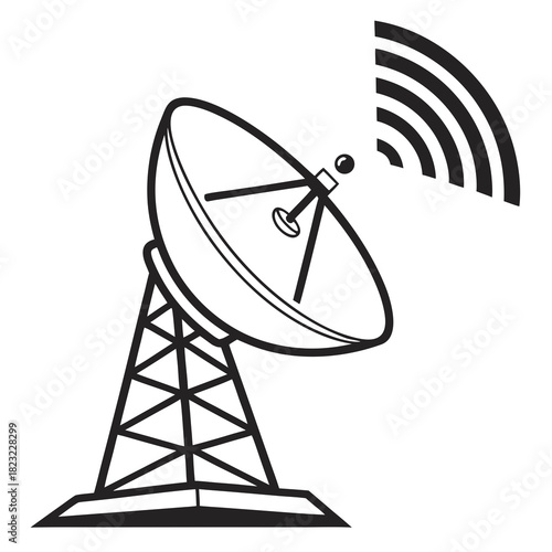 A black and white line drawing illustration of a large satellite dish antenna on a tower transmitting radio waves into the air