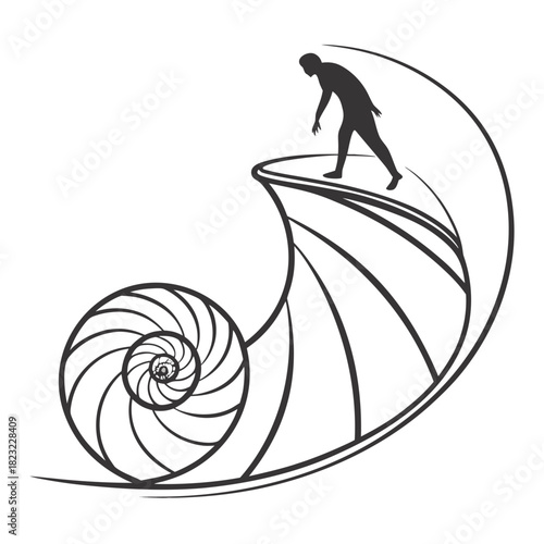 Silhouette of a person standing on the edge of a stylized spiraling wave or shell structure representing a journey or discovery