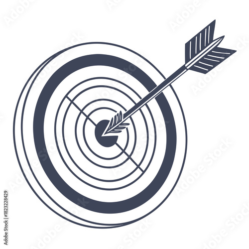 A dark blue arrow hitting the bullseye of a target symbolizing success accuracy and achieving goals in a simple graphic illustration