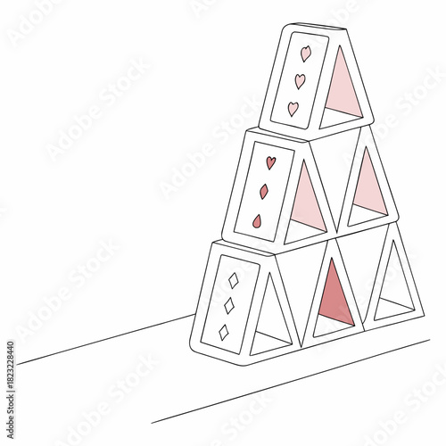 A delicate house of cards stands precariously balanced on a flat surface with a white background and a hint of pink in the card suits