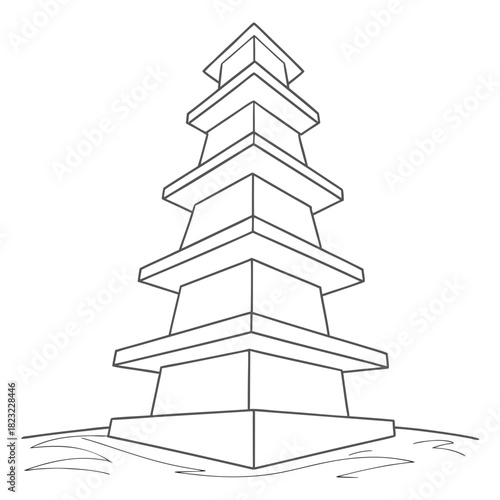 Stylized minimalist line art illustration of a traditional multi tiered pagoda or stupa structure rising from a wavy water base against a clean white background