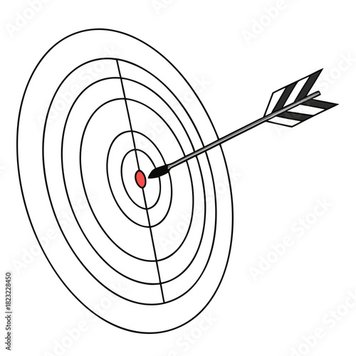 An arrow with black and white fletching perfectly hits the bullseye on a circular target with concentric rings and dividing lines