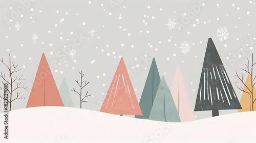 christmas illustration with geometric trees, snow and soft muted minimal style