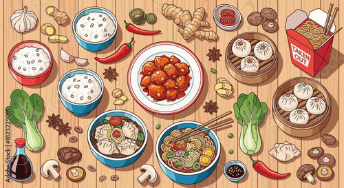 Delicious Asian Cuisine Dishes Illustration