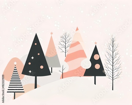  christmas illustration with geometric trees, snow and soft muted minimal style
