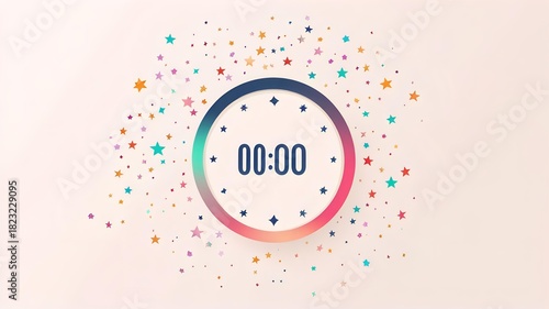 flat vector countdown clock at 00:00 with sparkles on pastel gradient new year background