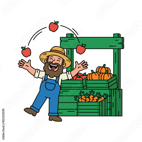 Cheerful Farmer Juggling Apples at a Green Produce Stand.