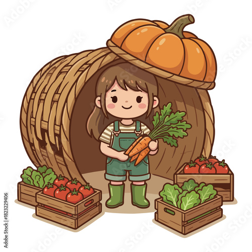 A cute cartoon farmer girl holding carrots standing inside a wicker basket house with a pumpkin roof.