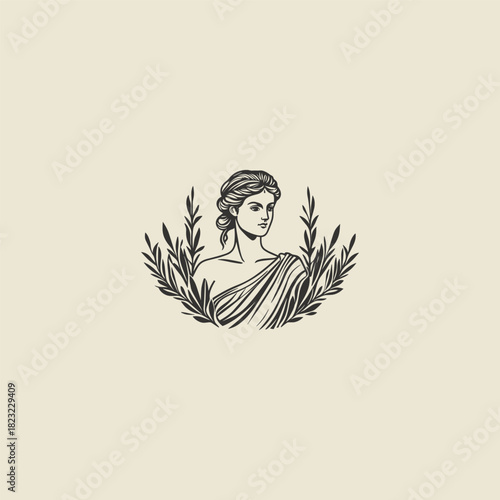 Elegant vintage engraving or woodcut style illustration of a classical Greek or Roman woman surrounded by or holding olive branches
