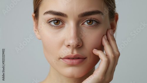 Close up studio shot of young woman with perfect smooth skin touching her cheek looking at camera