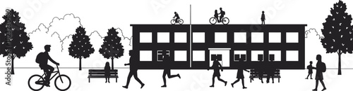 School building, community education, student activities, campus life, children playing, bicycle riding, public institution, park setting, learning environment, social interaction
