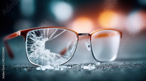 Professional shattered glasses with cracked lenses and broken frame showcasing damage, safety issues, and eye care concerns in a close-up shot