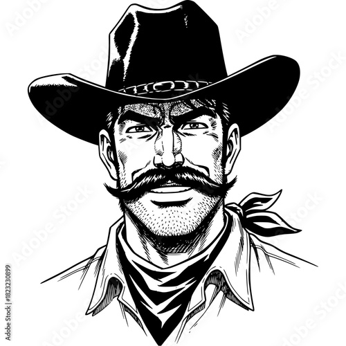 Cowboy's Introspection: A grizzled cowboy with a stern gaze and classic attire, captured in monochrome. The illustration encapsulates the grit and spirit of the American West.