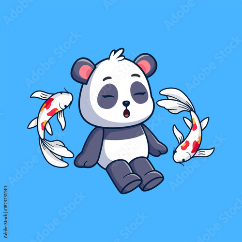 Cute Panda Sitting with koi fish swimming