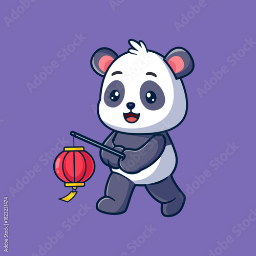 Cute Panda Playing Lampion Cartoon