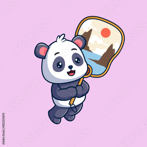 Cute Panda Holding Traditional Asian hand fan