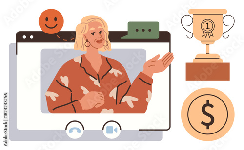Female speaker presenting online with chat bubbles, happy face, trophy, and dollar symbol. Ideal for communication, online education, leadership, motivation, success financial growth teamwork