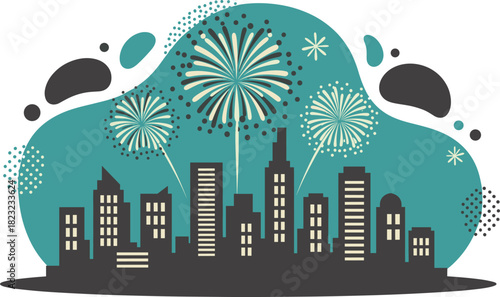 A stylized cityscape silhouette celebrates with colorful fireworks exploding in the night sky during a festive event.