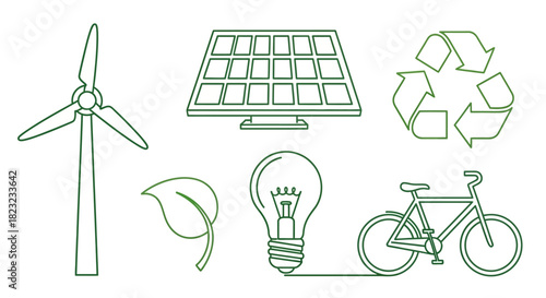 Showcase sustainable green living options with wind power and recycling icons