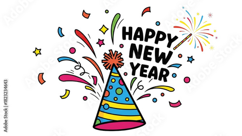 Happy New Year Party Hat – Black Line Colorful Art of Confetti and Firework Spark