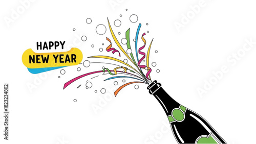 Happy New Year Champagne Pop – Black Line Colorful Minimal Art with Streamers and Bubbles