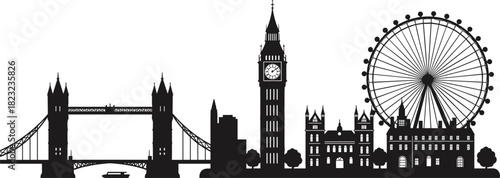 London skyline silhouette, Tower Bridge, Big Ben, Palace of Westminster, London Eye, cityscape, architecture, travel, tourism, landmark, culture, heritage, famous buildings, United Kingdom, black