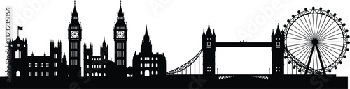 London, silhouette, skyline, cityscape, landmark, architecture, Big, Ben, Tower, Bridge, London, Eye, Westminster, palace, UK, travel, tourism, famous, building, illustration