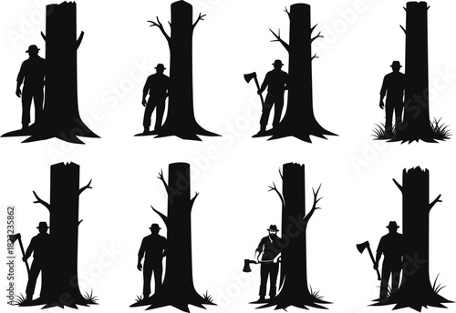 Lumberjack, silhouette, tree, axe, chopping, forest, worker, woodcutter, logging, deforestation, timber, environment, man, nature, labor, cutting, outdoors