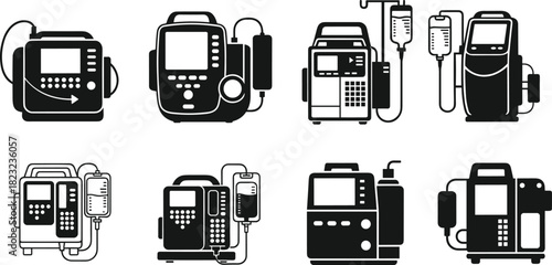 Medical infusion pump illustration, hospital equipment drawing, IV therapy device, healthcare machine vector, clinical tool design, patient treatment device, stock image