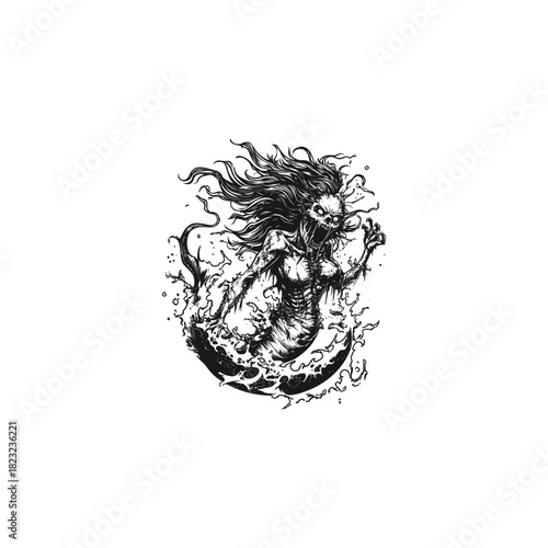 A terrifying black and white sketch illustration of an undead siren, or zombie mermaid, emerging from the crashing ocean water