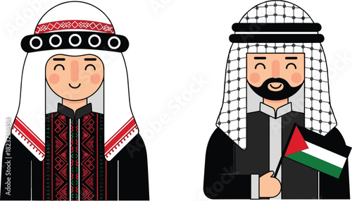 Palestinian culture, traditional clothing, embroidered thobe, keffiyeh scarf, national pride, heritage dress, cultural identity, folk costume, ethnic fashion, Middle Eastern illustration