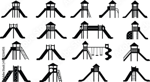 Playground silhouettes, slide icons, swing set illustration, climbing structure, outdoor play equipment, children activity, recreation area, park design, fun, safety