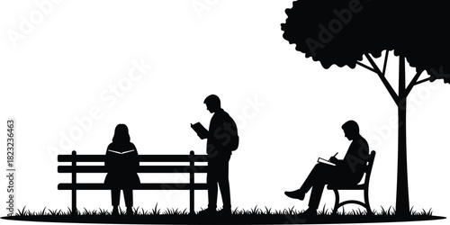 park reading silhouette, student studying outdoors, person writing under tree, bench reader vector, outdoor learning illustration, peaceful study design, cad drawing flat vector
