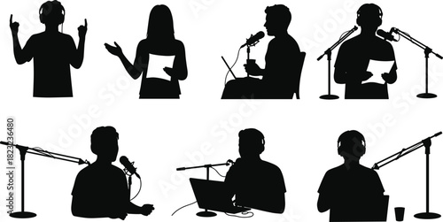 Podcast host silhouette, radio broadcasting people, microphone and headphones, online audio recording, digital media communication, podcasting teamwork, studio