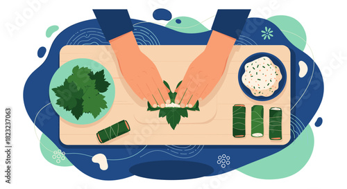 An illustration depicts hands carefully wrapping dolma, a traditional dish, with grape leaves and filling on a wooden cutting board.