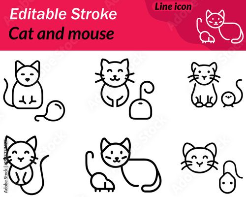 Cat and mouse set line icon. The composition conveys themes of playfulness pets behavior classic storytelling and animal interactions. Carefully balanced proportions ensure clarity at any size making.
