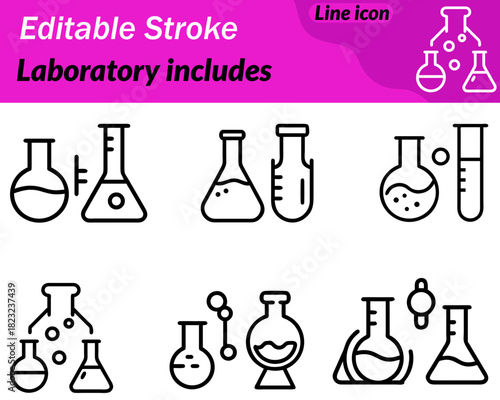 A comprehensive vector icon representing a laboratory environment with multiple scientific elements included in one design. At the center is a classic conical flask containing liquid rising bubbles.