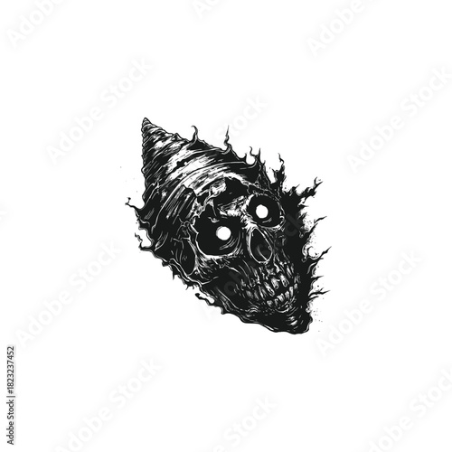 A terrifying black and white grunge sketch illustration depicting a sinister skull fused with a large, spiked spiral shell, surrounded by dark, fiery elements