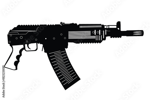 Molot vepr-12 semi-automatic shotgun vector,Modern assault rifle silhouette vector, Tactical firearm black and white illustration.eps